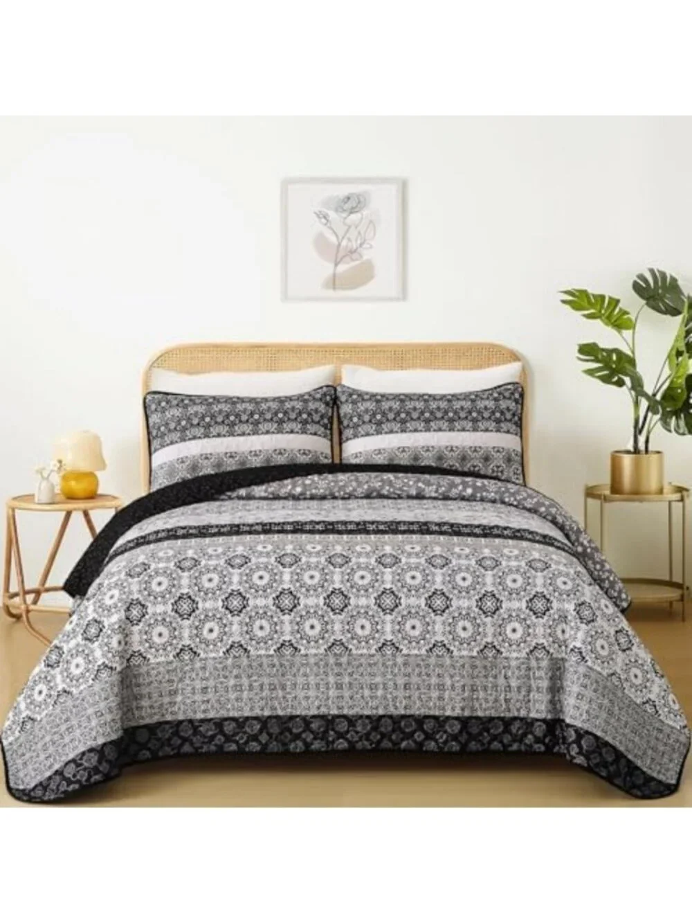Stylish King Quilt Bedding Set - 3-Piece Black & Grey Striped Bedspread